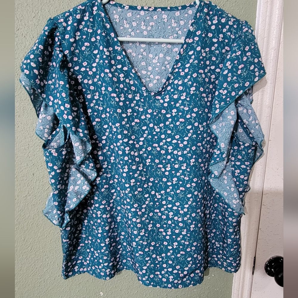 Blue Ruffled Top with V-Neck and Layered Sleeves
